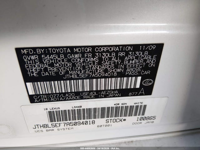 44892608 :رقم المزاد ، JTHBL5EF7A5094018 vin ، 2010 Lexus Ls 460 مزاد بيع