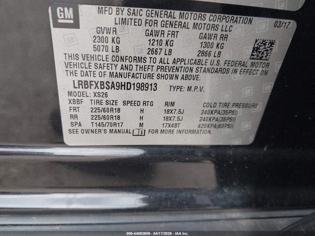 2017 Buick Envision Essence მანქანა იყიდება აუქციონზე, vin: LRBFXBSA9HD198913, აუქციონის ნომერი: 44892609