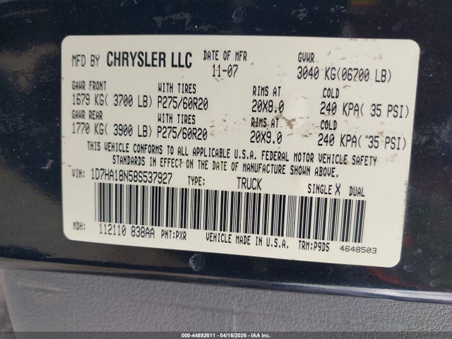 44892611 :رقم المزاد ، 1D7HA18N58S537927 vin ، 2008 Dodge Ram 1500 Slt مزاد بيع
