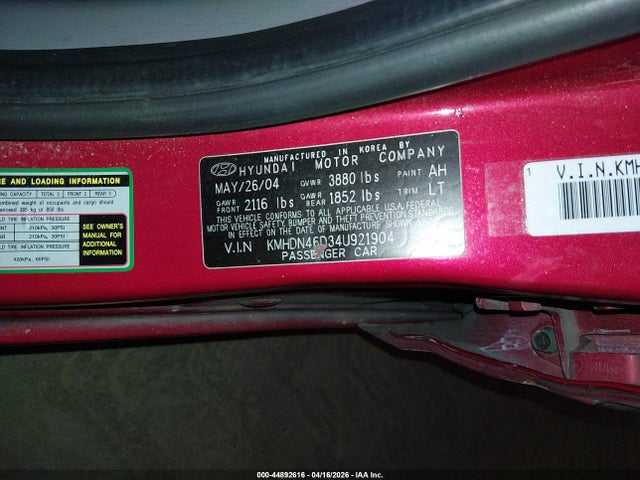 Aukcja sprzedaży 2004 Hyundai Elantra Gls/gt, vin: KMHDN46D34U921904, numer aukcji: 44892616