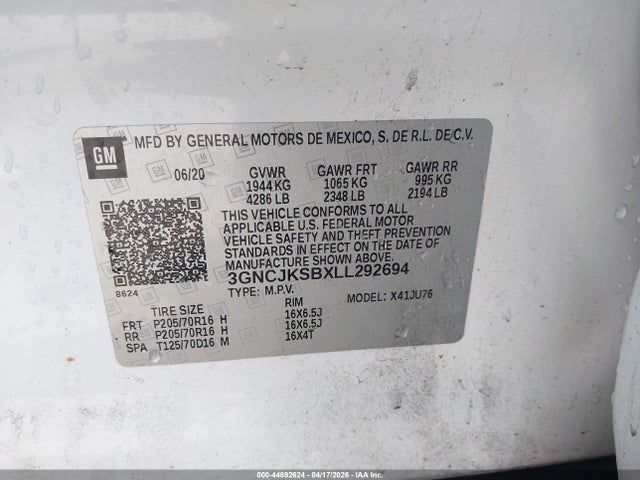 44892624 :رقم المزاد ، 3GNCJKSBXLL292694 vin ، 2020 Chevrolet Trax Fwd Ls مزاد بيع