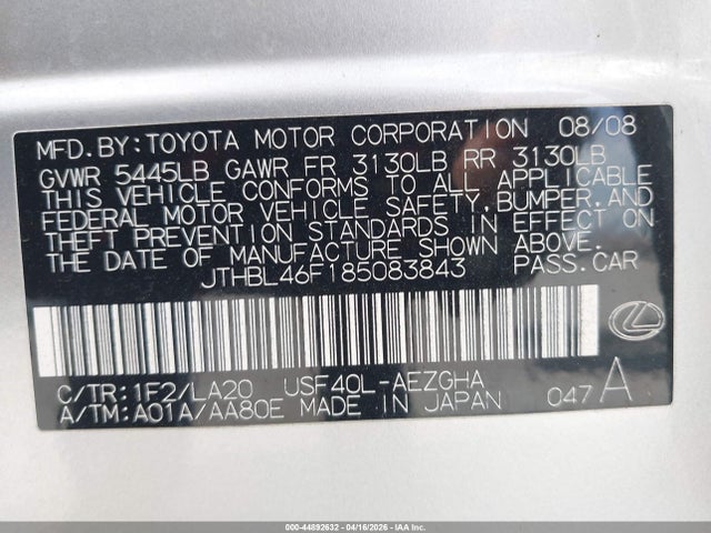 Aukcja sprzedaży 2008 Lexus Ls 460, vin: JTHBL46F185083843, numer aukcji: 44892632