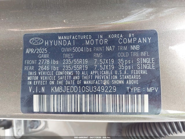 2025 Hyundai Tucson Hybrid Limited მანქანა იყიდება აუქციონზე, vin: KM8JEDD10SU349229, აუქციონის ნომერი: 44892647