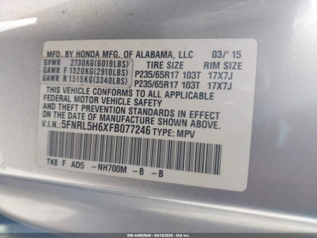 Honda Odyssey Ex-l 2015 5FNRL5H6XFB077246 Image 9