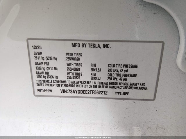 Продажа на аукционе авто 2026 Tesla Model Y All-wheel Drive/long Range Launch Series/premium All-wheel Drive, vin: 7SAYGDEE2TF562212, номер лота: 44892652