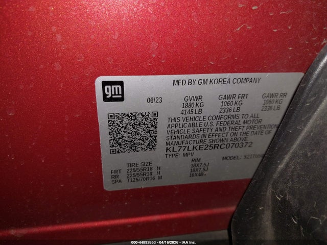 44892653 :رقم المزاد ، KL77LKE25RC070372 vin ، 2024 Chevrolet Trax Fwd Activ مزاد بيع