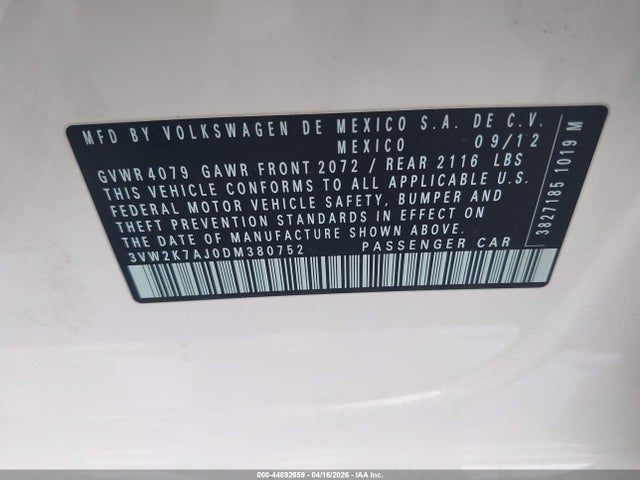 Продаж на аукціоні авто 2013 Volkswagen Jetta 2.0l S, vin: 3VW2K7AJ0DM380752, номер лоту: 44892659