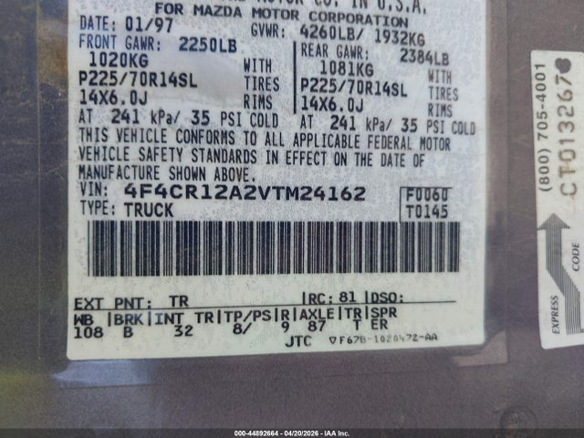 44892664 :رقم المزاد ، 4F4CR12A2VTM24162 vin ، 1997 Mazda B2300 Se مزاد بيع