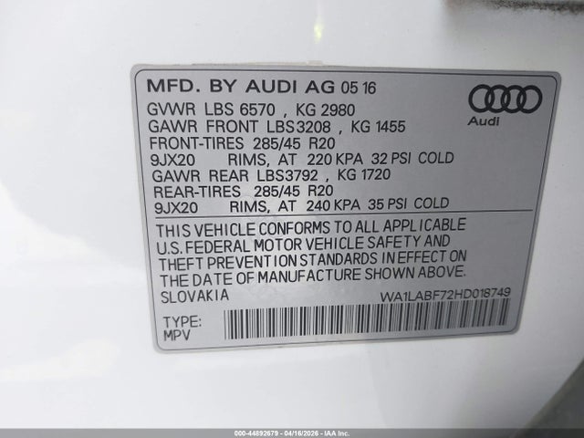 Продажа на аукционе авто 2017 Audi Q7 3.0t Premium, vin: WA1LABF72HD018749, номер лота: 44892679
