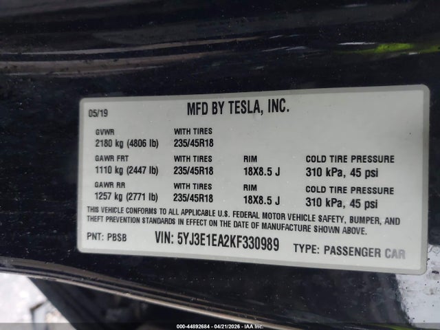 Aukcja sprzedaży 2019 Tesla Model 3 Long Range/mid Range/standard Range/standard Range Plus, vin: 5YJ3E1EA2KF330989, numer aukcji: 44892684