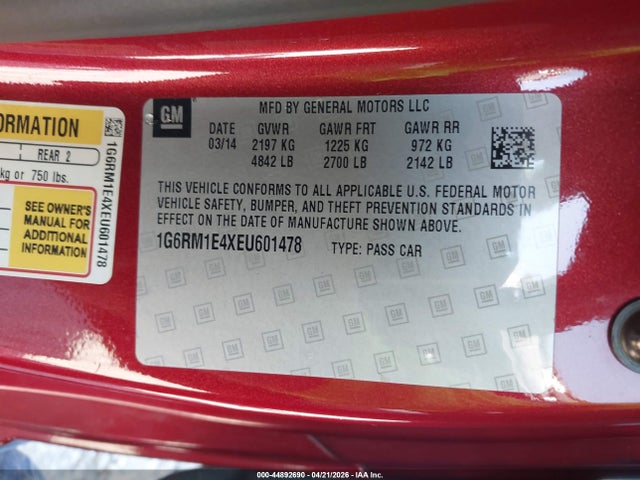 44892690 :رقم المزاد ، 1G6RM1E4XEU601478 vin ، 2014 Cadillac Elr Standard مزاد بيع