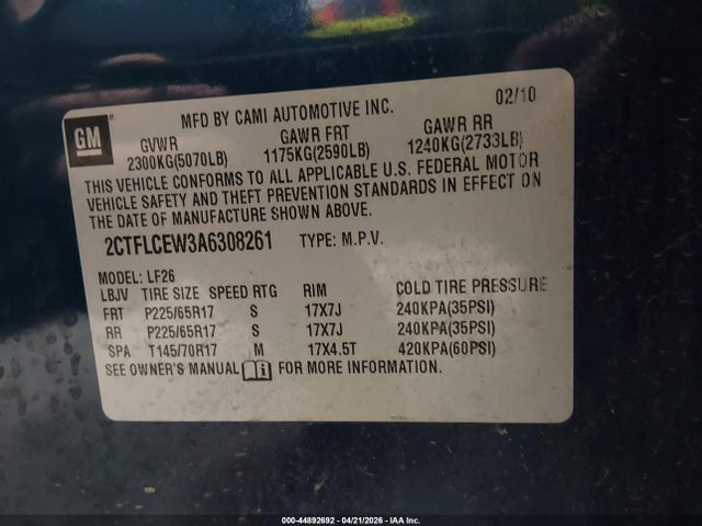 44892692 :رقم المزاد ، 2CTFLCEW3A6308261 vin ، 2010 Gmc Terrain Sle-1 مزاد بيع