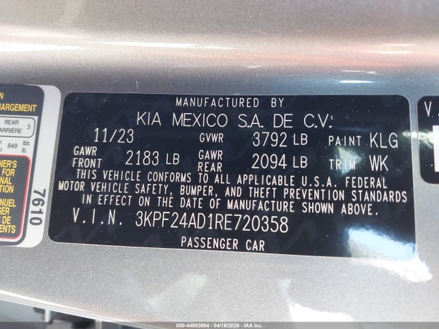 Aukcja sprzedaży 2024 Kia Forte Lxs, vin: 3KPF24AD1RE720358, numer aukcji: 44892694