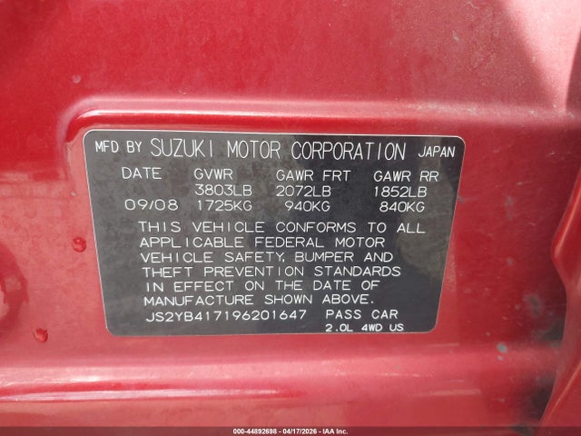 Продаж на аукціоні авто 2009 Suzuki Sx4 Touring, vin: JS2YB417196201647, номер лоту: 44892698