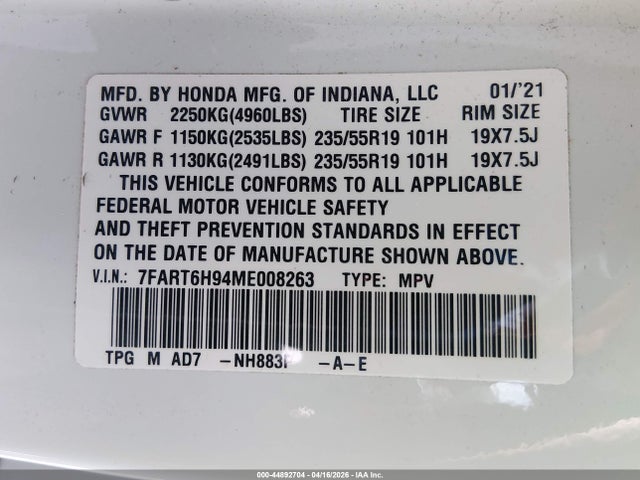 2021 Honda Cr-v Hybrid Touring მანქანა იყიდება აუქციონზე, vin: 7FART6H94ME008263, აუქციონის ნომერი: 44892704