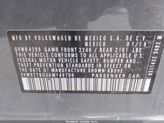 2019 Volkswagen Jetta Gli 2.0t 35th Anniversary Edition/2.0t Autobahn/2.0t S მანქანა იყიდება აუქციონზე, vin: 3VW5T7BU0KM149706, აუქციონის ნომერი: 44892706