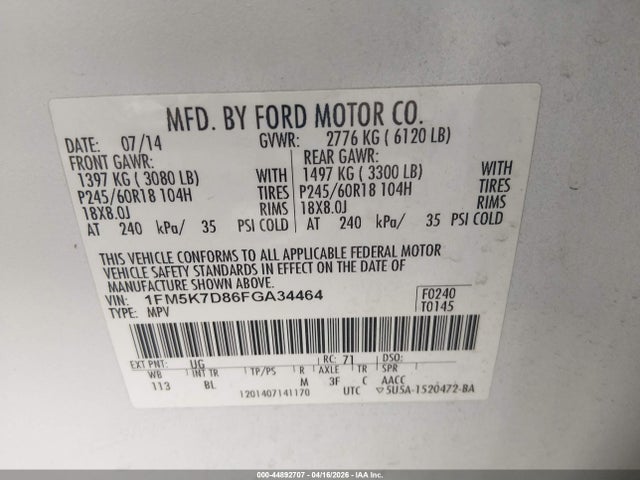 Продаж на аукціоні авто 2015 Ford Explorer Xlt, vin: 1FM5K7D86FGA34464, номер лоту: 44892707