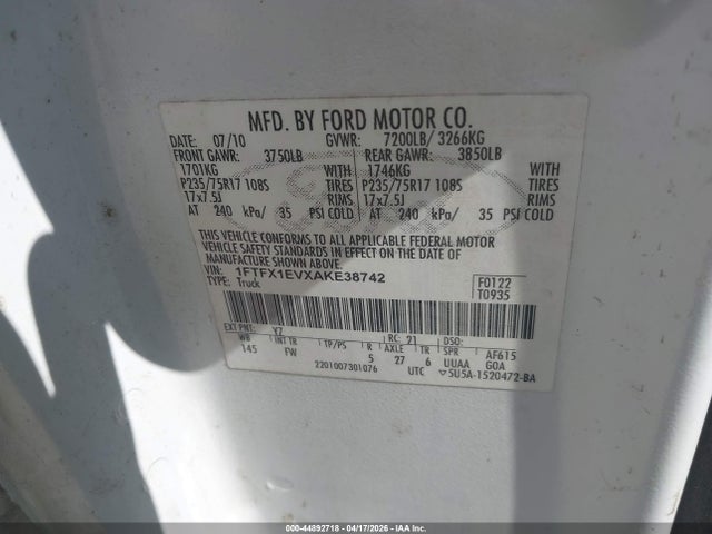 Продаж на аукціоні авто 2010 Ford F-150 Fx4/lariat/xl/xlt, vin: 1FTFX1EVXAKE38742, номер лоту: 44892718