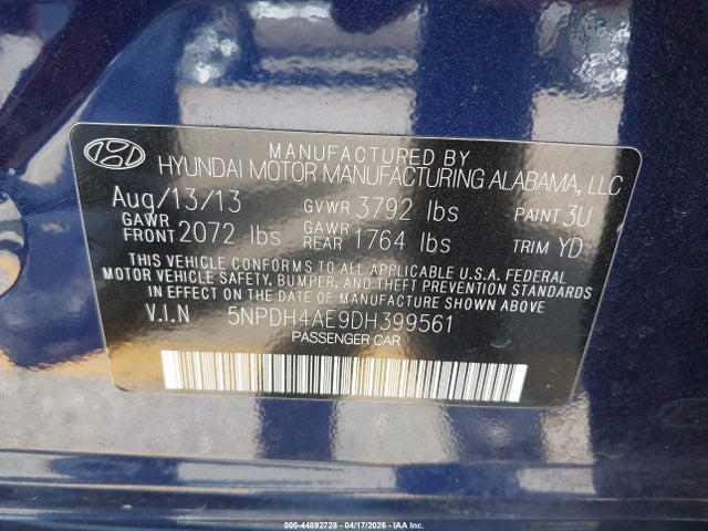 2013 Hyundai Elantra Gls მანქანა იყიდება აუქციონზე, vin: 5NPDH4AE9DH399561, აუქციონის ნომერი: 44892728