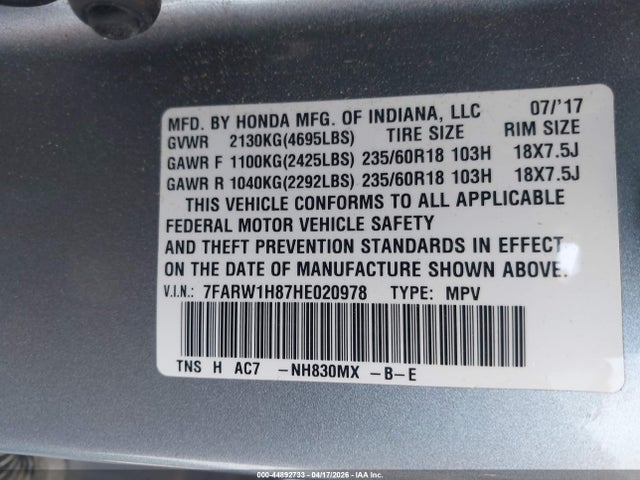 7FARW1H87HE020978 Honda Cr-v Ex-l/ex-l Navi