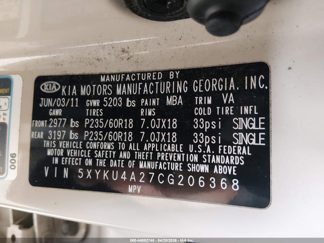 44892748 :رقم المزاد ، 5XYKU4A27CG206368 vin ، 2012 Kia Sorento Ex V6 مزاد بيع