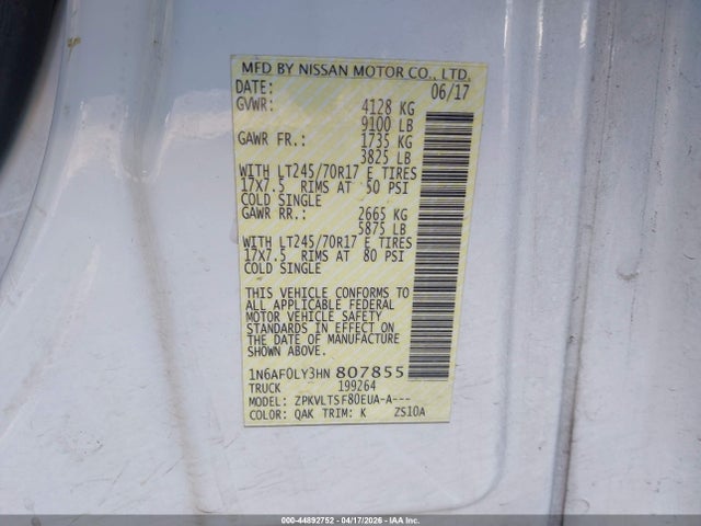 1N6AF0LY3HN807855 Nissan Nv Cargo Nv2500 Hd Sv V8