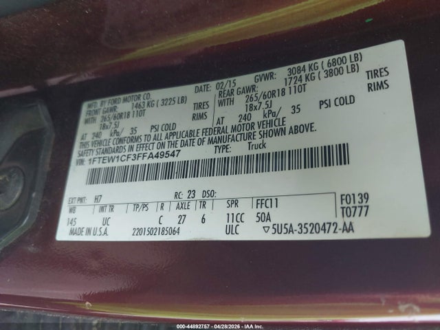 Aukcja sprzedaży 2015 Ford F-150 Xlt, vin: 1FTEW1CF3FFA49547, numer aukcji: 44892757