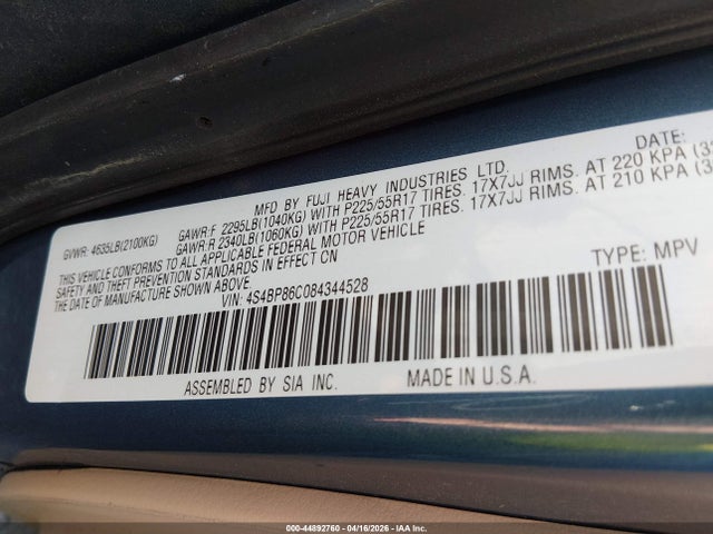 2008 Subaru Outback 3.0r L.l. Bean Edition მანქანა იყიდება აუქციონზე, vin: 4S4BP86C084344528, აუქციონის ნომერი: 44892760