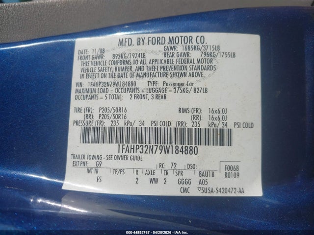 Aukcja sprzedaży 2009 Ford Focus Se, vin: 1FAHP32N79W184880, numer aukcji: 44892767