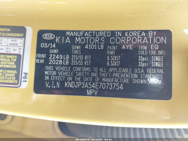 44892770 :رقم المزاد ، KNDJP3A54E7073754 vin ، 2014 Kia Soul + مزاد بيع
