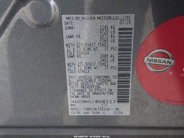 5N1AT2MV5LC808517 Nissan Rogue S Intelligent Awd