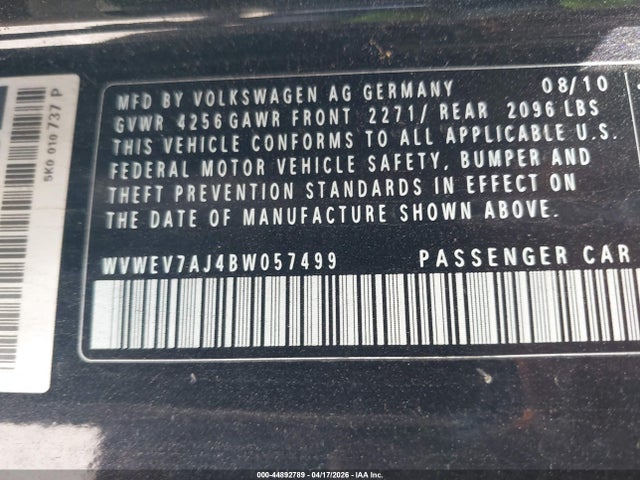 44892789 :رقم المزاد ، WVWEV7AJ4BW057499 vin ، 2011 Volkswagen Gti 2-door مزاد بيع