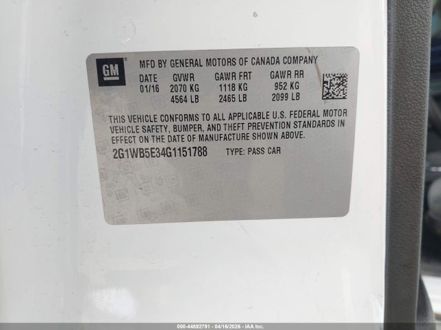 Продажа на аукционе авто 2016 Chevrolet Impala Limited Lt, vin: 2G1WB5E34G1151788, номер лота: 44892791