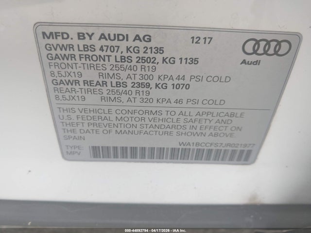 Aukcja sprzedaży 2018 Audi Q3 2.0t Premium/2.0t Sport Premium, vin: WA1BCCFS7JR021977, numer aukcji: 44892794