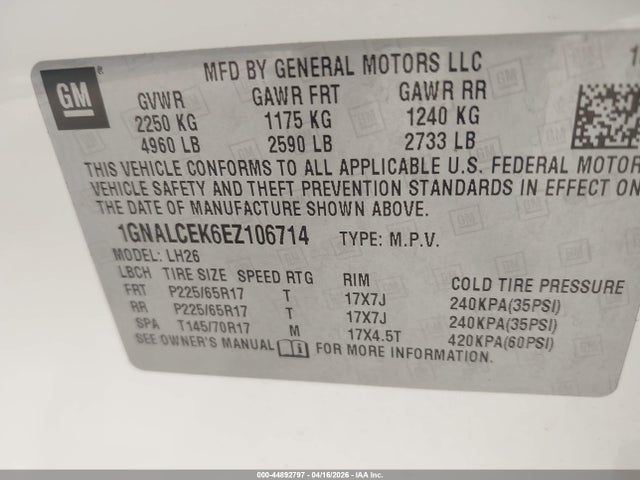 Aukcja sprzedaży 2014 Chevrolet Equinox 2lt, vin: 1GNALCEK6EZ106714, numer aukcji: 44892797