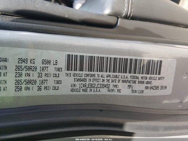 2018 Jeep Grand Cherokee Limited 4x2 მანქანა იყიდება აუქციონზე, vin: 1C4RJEBG2JC339452, აუქციონის ნომერი: 44892799