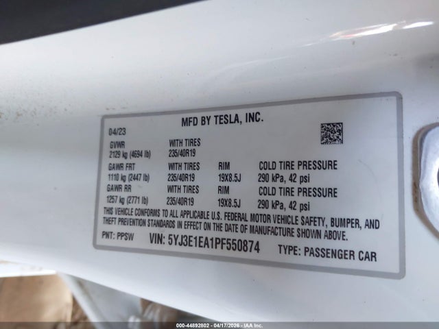 44892802 :رقم المزاد ، 5YJ3E1EA1PF550874 vin ، 2023 Tesla Model 3 Rear-wheel Drive مزاد بيع