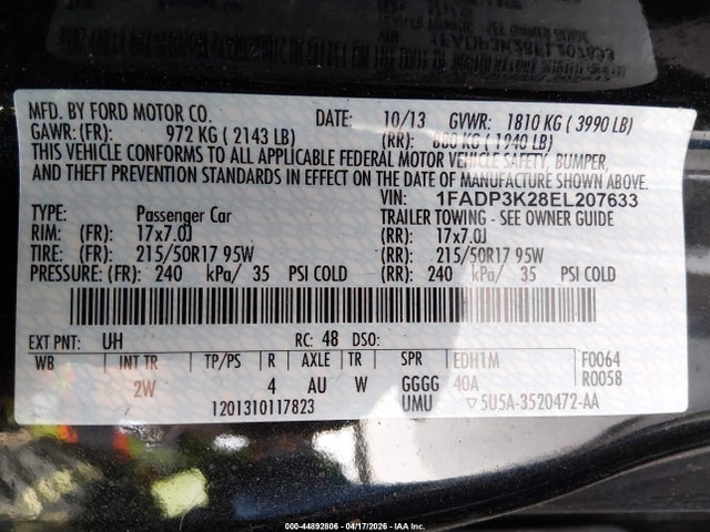 44892806 :رقم المزاد ، 1FADP3K28EL207633 vin ، 2014 Ford Focus Se مزاد بيع