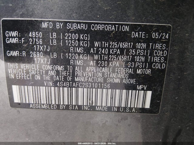 Aukcja sprzedaży 2025 Subaru Outback Premium, vin: 4S4BTAFC2S3101156, numer aukcji: 44892813