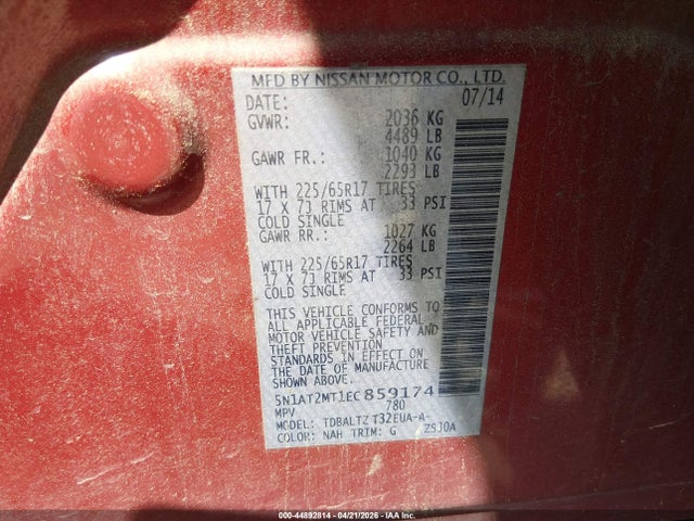 Aukcja sprzedaży 2014 Nissan Rogue S/sl/sv, vin: 5N1AT2MT1EC859174, numer aukcji: 44892814