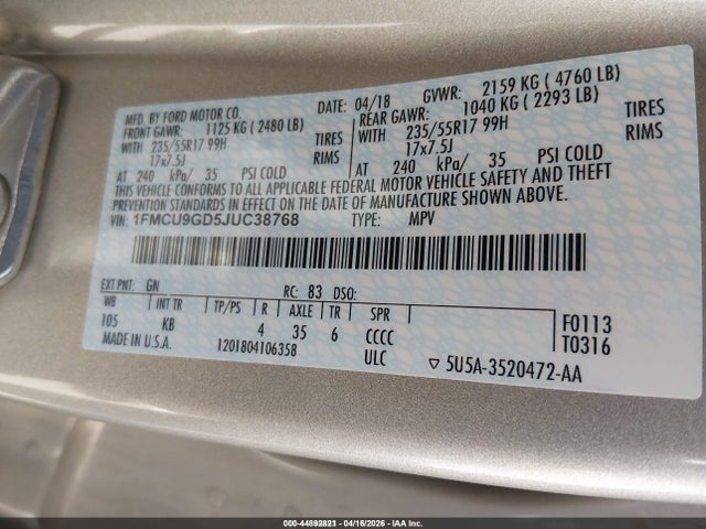 1FMCU9GD5JUC38768 Ford ESCAPE SE