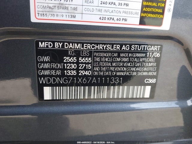 44892822 :رقم المزاد ، WDDNG71X67A111331 vin ، 2007 Mercedes-benz S 550 مزاد بيع