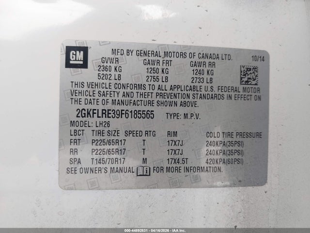 Auction sale of the 2015 Gmc Terrain Sle-2, vin: 2GKFLRE39F6185565, lot number: 44892831