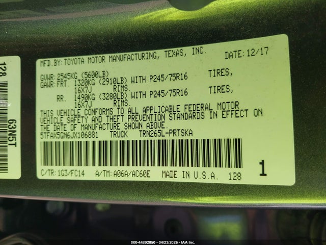 5TFAX5GN6JX106881 Toyota Tacoma Sr5