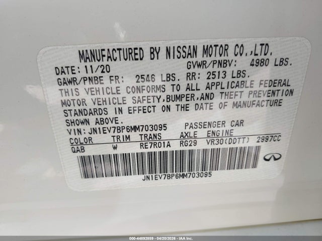 44892859 :رقم المزاد ، JN1EV7BP6MM703095 vin ، 2021 Infiniti Q50 Luxe مزاد بيع