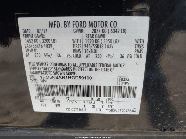 2017 Ford Utility Police Interceptor მანქანა იყიდება აუქციონზე, vin: 1FM5K8AR1HGD59190, აუქციონის ნომერი: 44892864