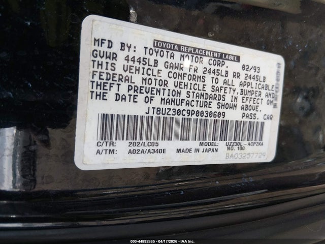 Aukcja sprzedaży 1993 Lexus Sc 400, vin: JT8UZ30C9P0030609, numer aukcji: 44892865