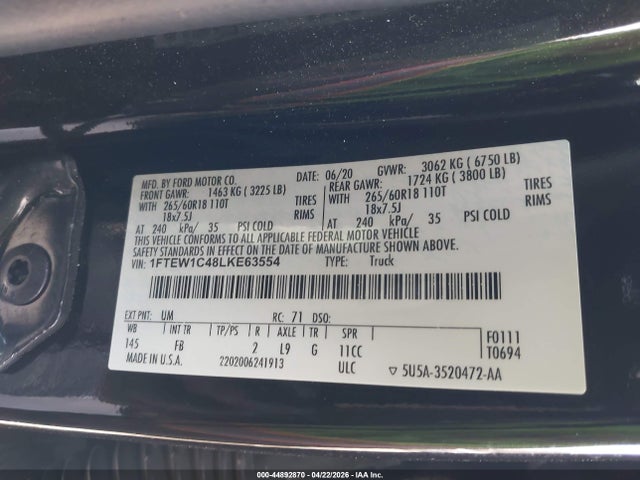 Ford F-150 Xlt 2020 1FTEW1C48LKE63554 Image 9
