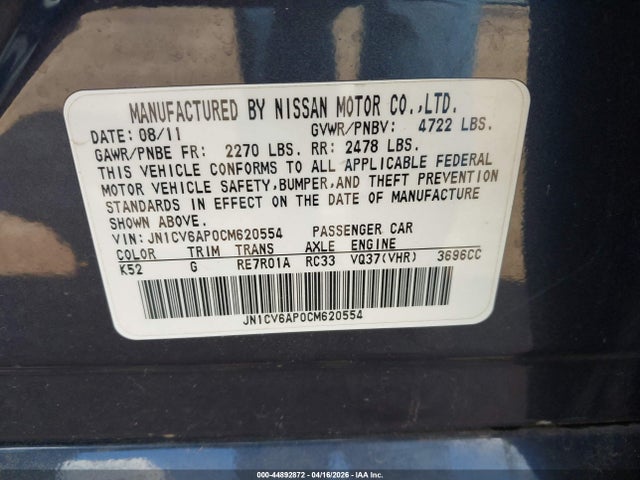Продаж на аукціоні авто 2012 Infiniti G37 Journey, vin: JN1CV6AP0CM620554, номер лоту: 44892872