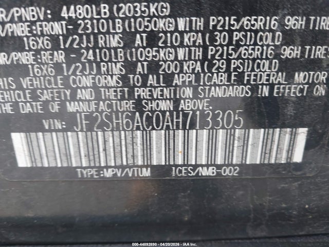 Aukcja sprzedaży 2010 Subaru Forester 2.5x, vin: JF2SH6AC0AH713305, numer aukcji: 44892890